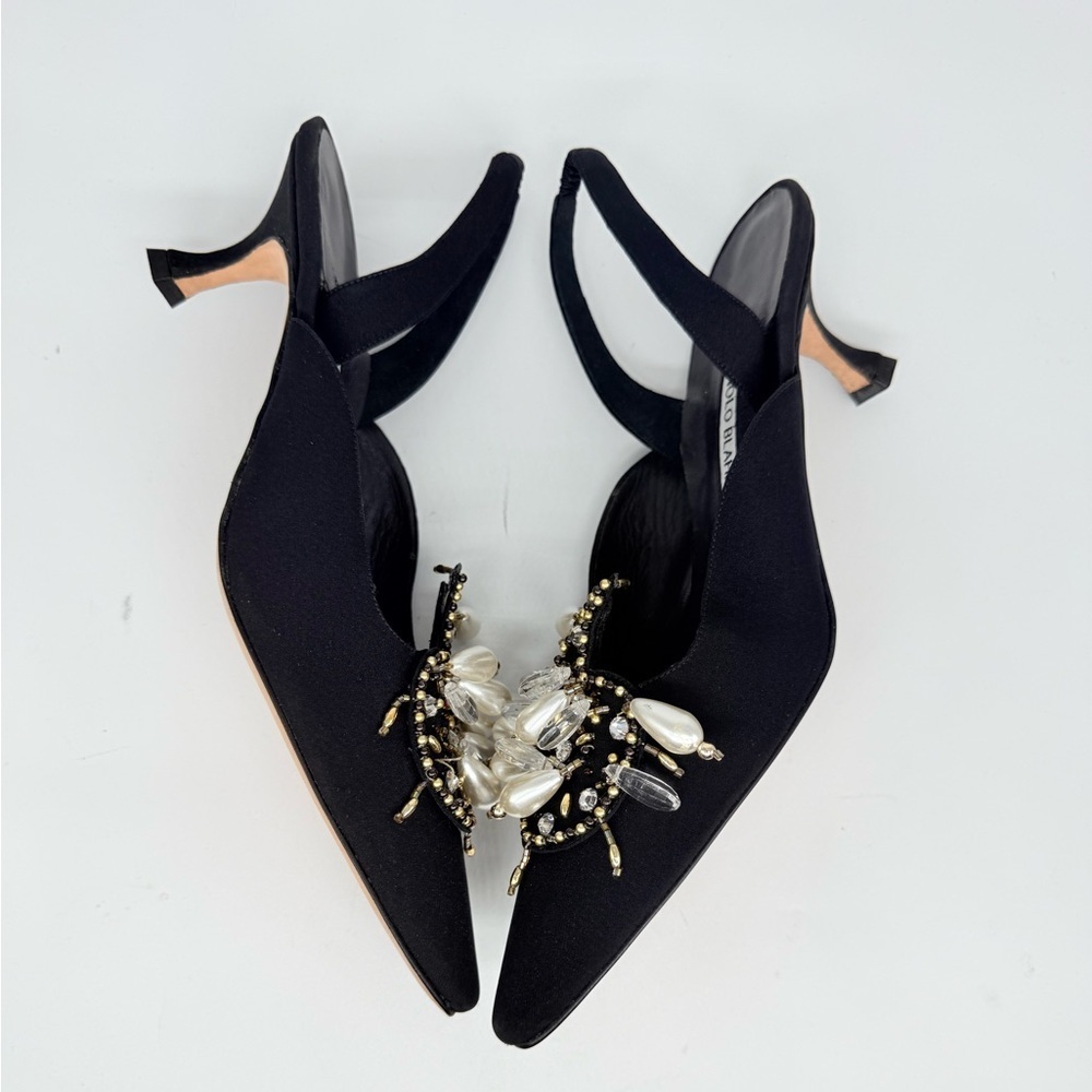 Manolo Blahnik Black Crepe Orientalia 50mm pearl embellished Slingback pump EU41 - Picture 4 of 10